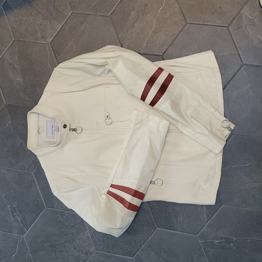 Vintage Wilsons Leather Racing Moto Jacket Cream Red Strip Women's Large